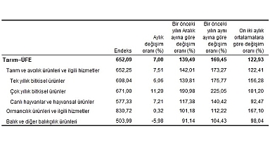 TÜİK Tarım ürünleri üretici fiyat endeksi (Tarım-ÜFE) yıllık %169,45, aylık %7,00 arttı