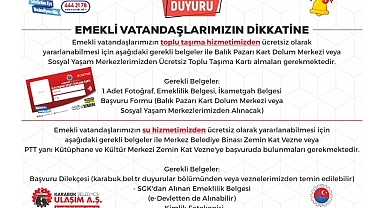 Karabük Belediyesi'nden Ücretsiz Toplu Taşıma ve Su Hizmeti İçin Emekli Vatandaşlara özel bir duyuru