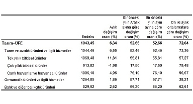 Tarım ürünleri üretici fiyat endeksi (Tarım-ÜFE) yıllık yüzde 52,66, aylık yüzde 6,34 arttı